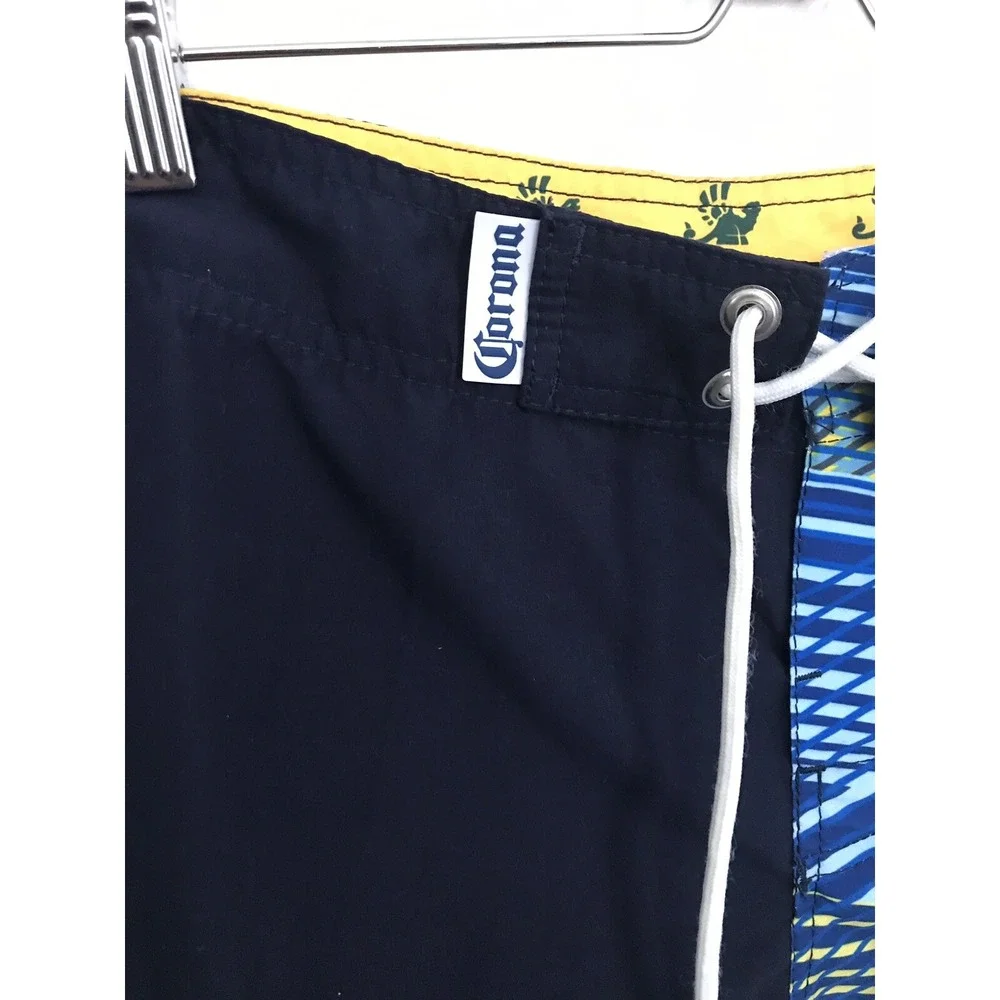 Corona Mens Board Shorts Blue Spellout Swim Beer Drawstring Pocket Sz L Flaw